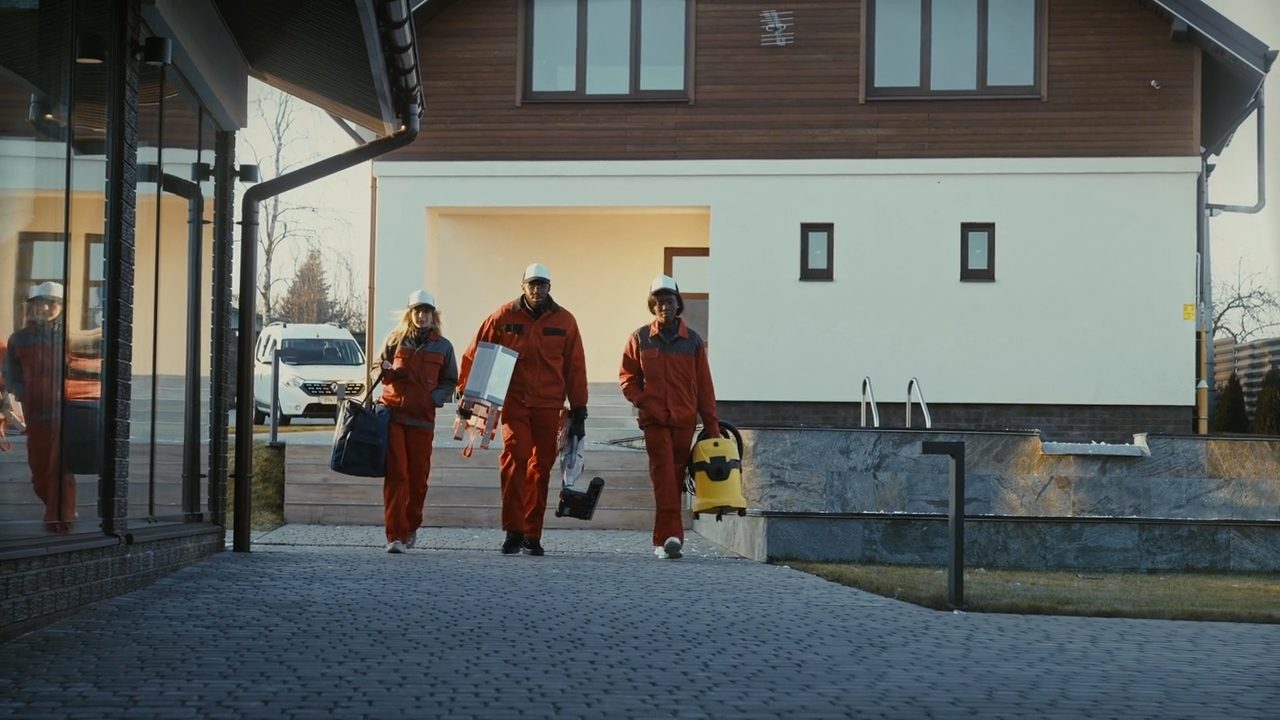 A uniformed crew walking up to a house with their equipment