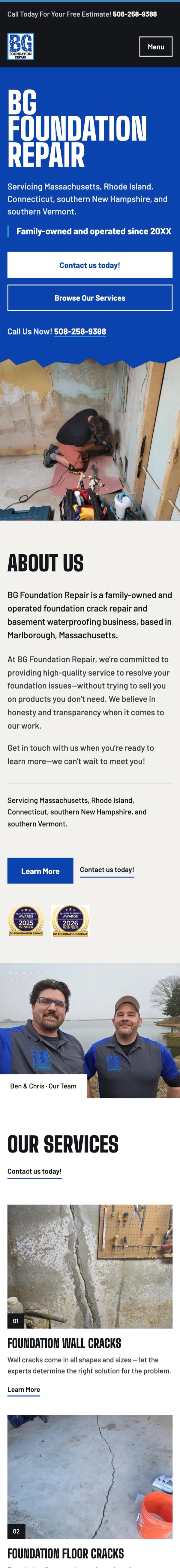 The BG Foundation Repair homepage on a phone